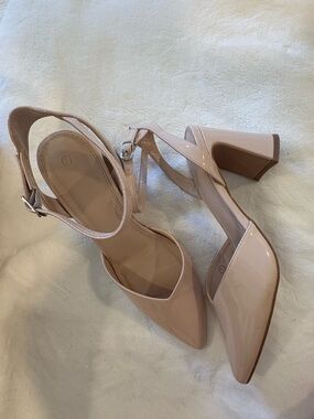 Patent Pointed-Toe Block Heel Sandals in Nude